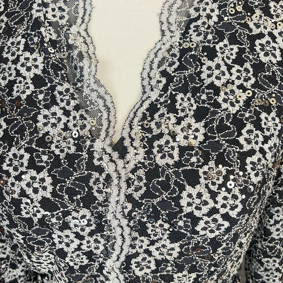 Alex Evenings top blouse S black silver lace sequins with bow - Picture 4 of 8